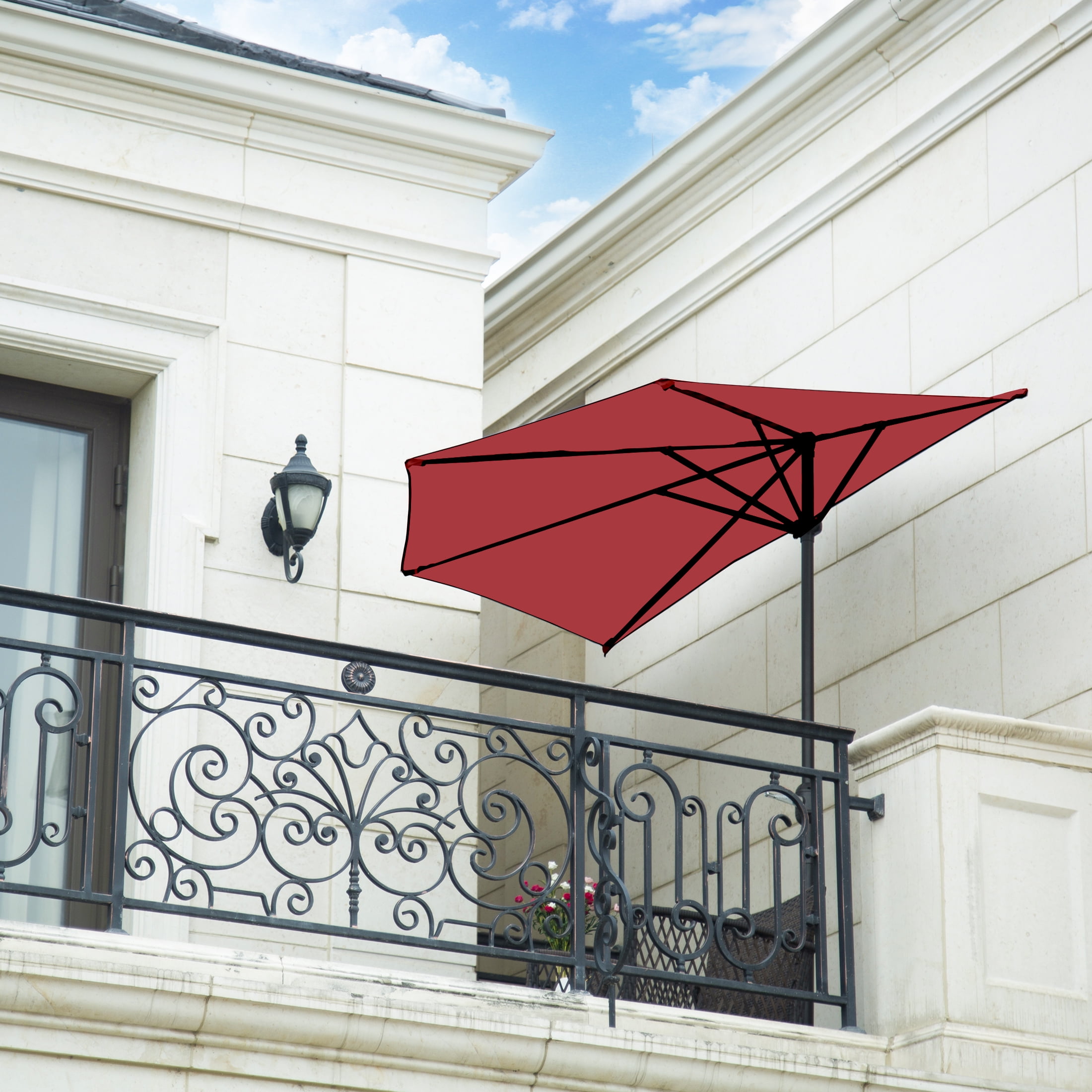 WestinTrends Lanai 9 Ft Outdoor Patio Half Umbrella with Base Include, Small Grill Deck Porch Balcony Shade Umbrella with Crank, 20 Lbs Half Round Base, Red