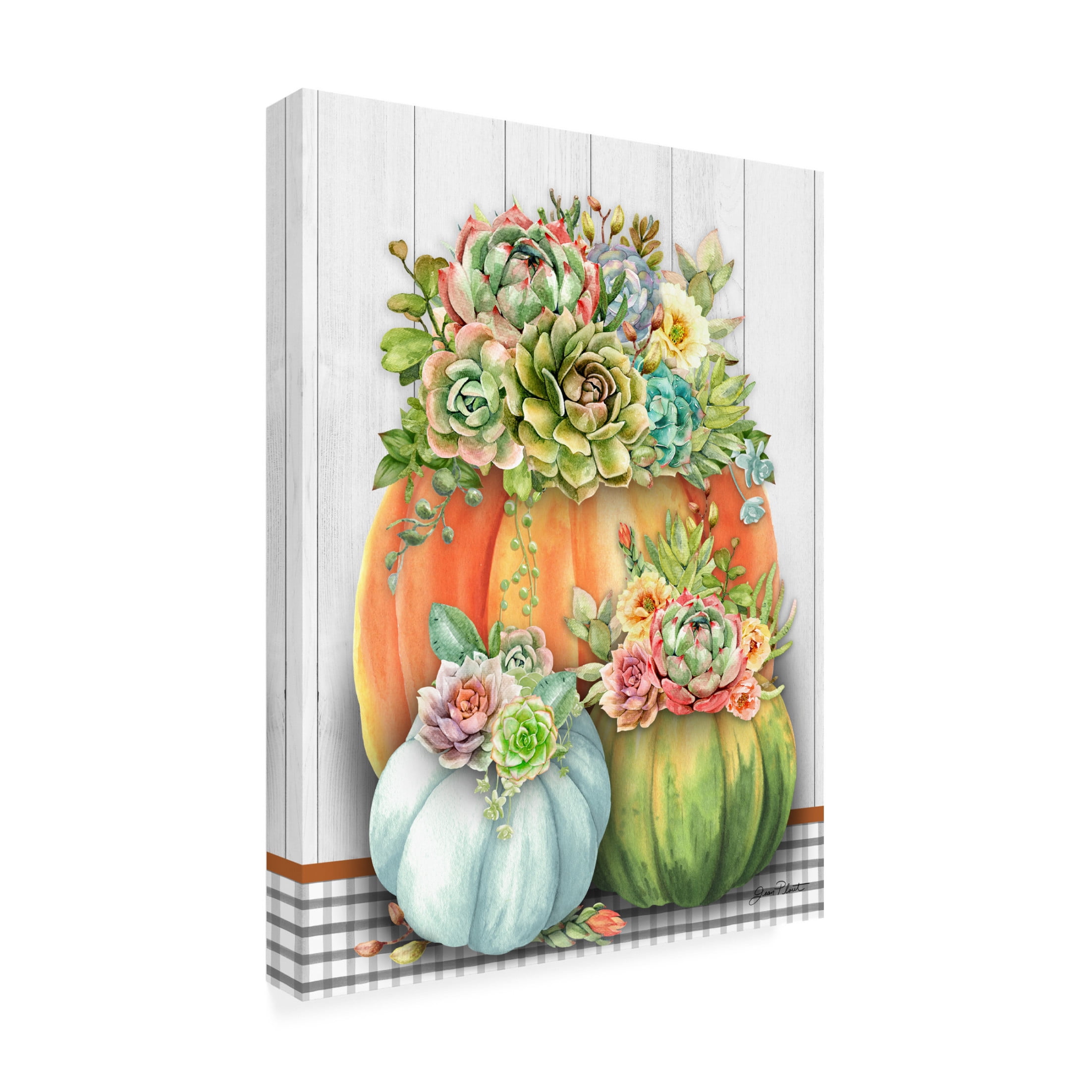 Canvas Wall Art - Jean Plout 'Pumpkins With Succulents A' Wall Art for Living Room, Bedroom, or Office Décor by Trademark Fine Art - 35 x 47 Inches