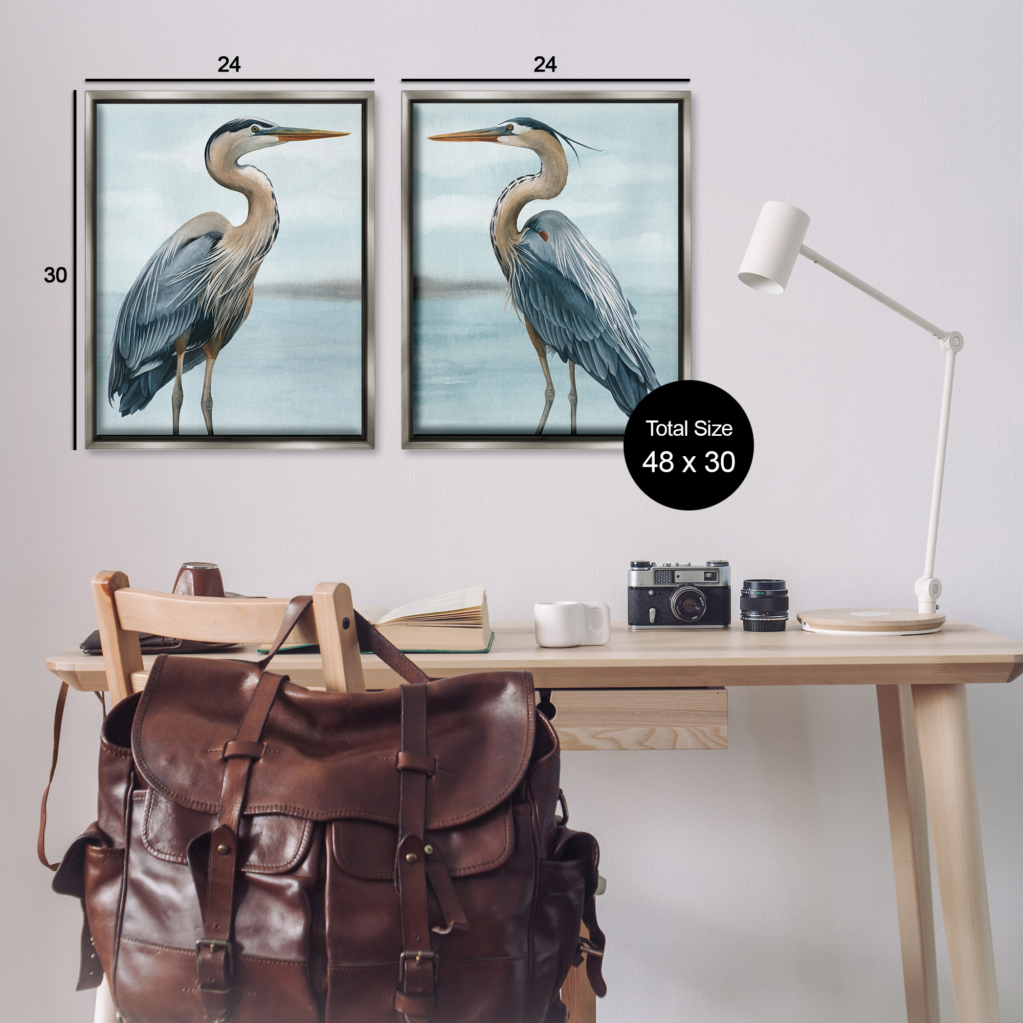 Stupell Industries Detailed Heron Bird Duo Animals & Insects Painting Gray Floater Framed Canvas Art Print Wall Art, 25 x 31, Set of 2