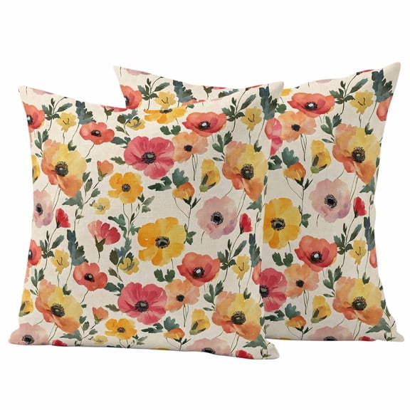 2 Pack Outdoor Waterproof Throw Pillow Covers,Yellow Poppy Flower Spring Watercolor Plant Decorative Patio Pillowcases for Chair Couch Sofa 16x16in