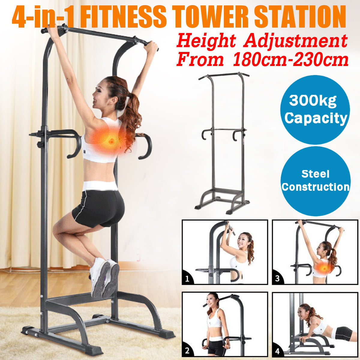 Black Adjustable Height Dip Bar MBH Fitness Power Tower Pull Up Bar Dip Station Strength Training Workout Equipment for Home Gym