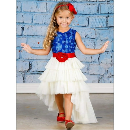 Girls Hi-Lo Tiered Ruffled Tutu Dress with Pearl Flower Sash, Size: 4T/5Y