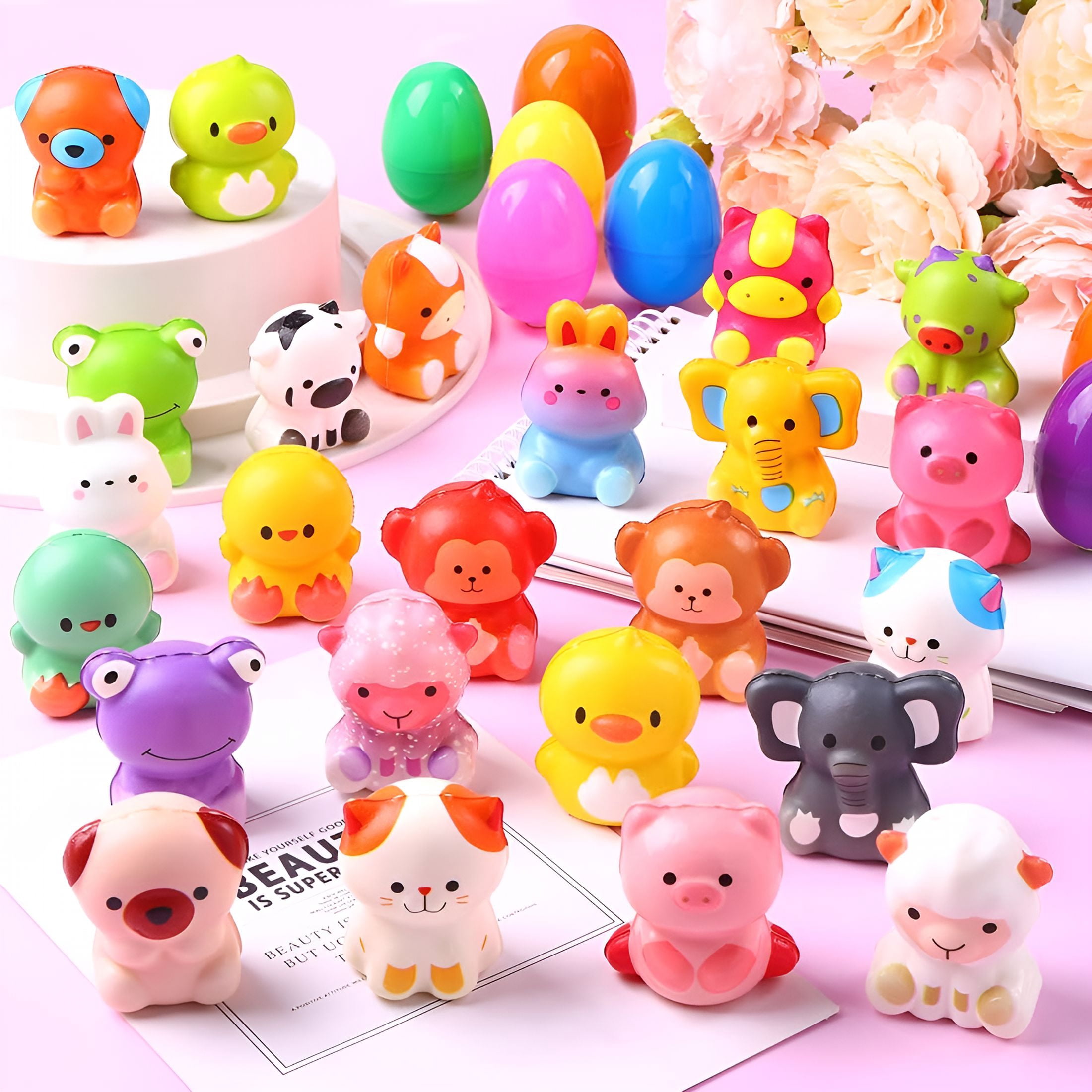 CYFW 24pcs Prefilled Easter Eggs with Animal Toys,Easter Basket Stuffers Egg Hunt Egg Fillers Squeeze Toys for Boys Girls Easter Party Favors for Kids Classroom Prize