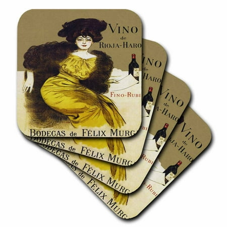 3dRose Image of nouveau spanish wine ad with lady dressed in furs, Soft Coasters, set of