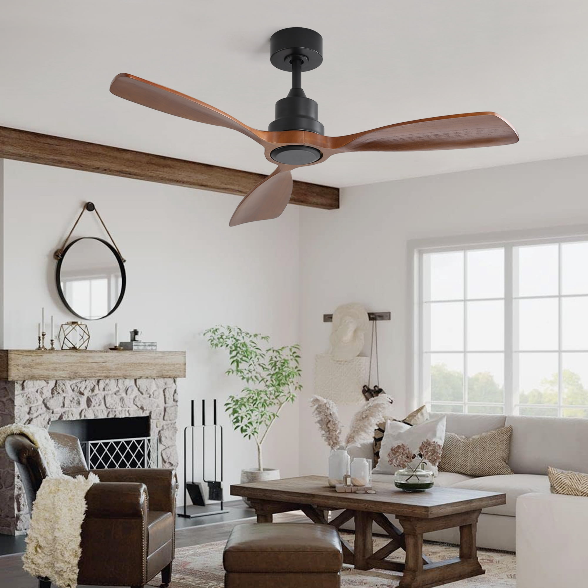 Jopath 48 Inch Ceiling Fan Without Light, 3 Solid Wood Blades Indoor and Outdoor Ceiling Fan 6-speed Reversible DC Motor for Indoor Living Room Bedroom Outside Patios Pergola
