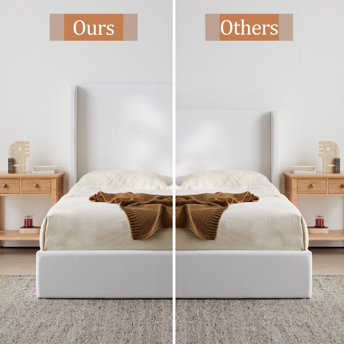Luckynote Upholstered Wingback Platform Bed, King Frame with 52.3" Headboard, No Box Spring Needed, Minimalist Quiet Micro Suede Design for Master Bedroom, Coconut