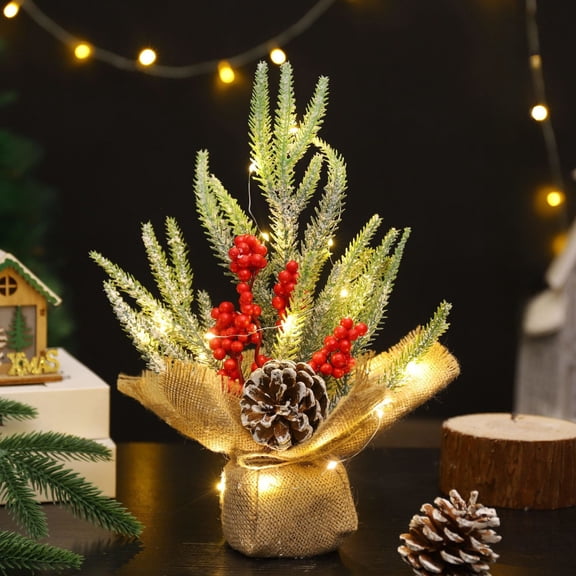 12-inch Lighted Tabletop Christmas Tree | Mini Artificial Holiday Tree with Red Berries & Pine Cones | Burlap Sack Base for Home, Office, or Desk Decor