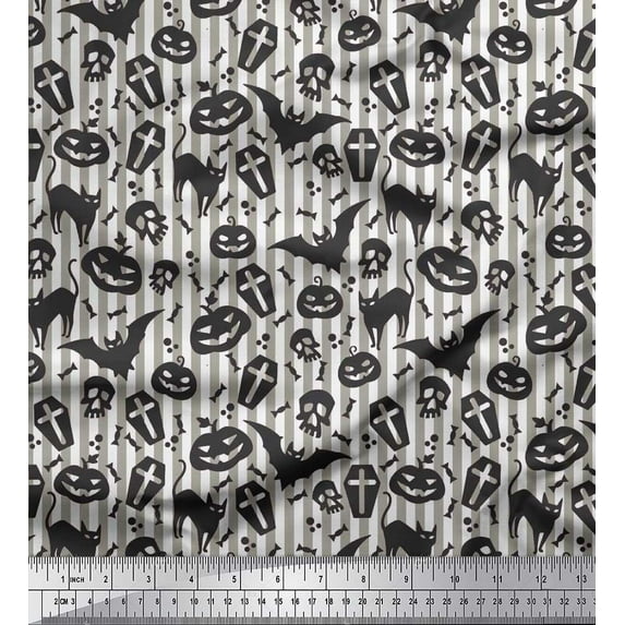Soimoi Polyester Crepe Fabric Stripe,Bat & Skull Halloween Fabric Prints by Yard 52 Inch Wide