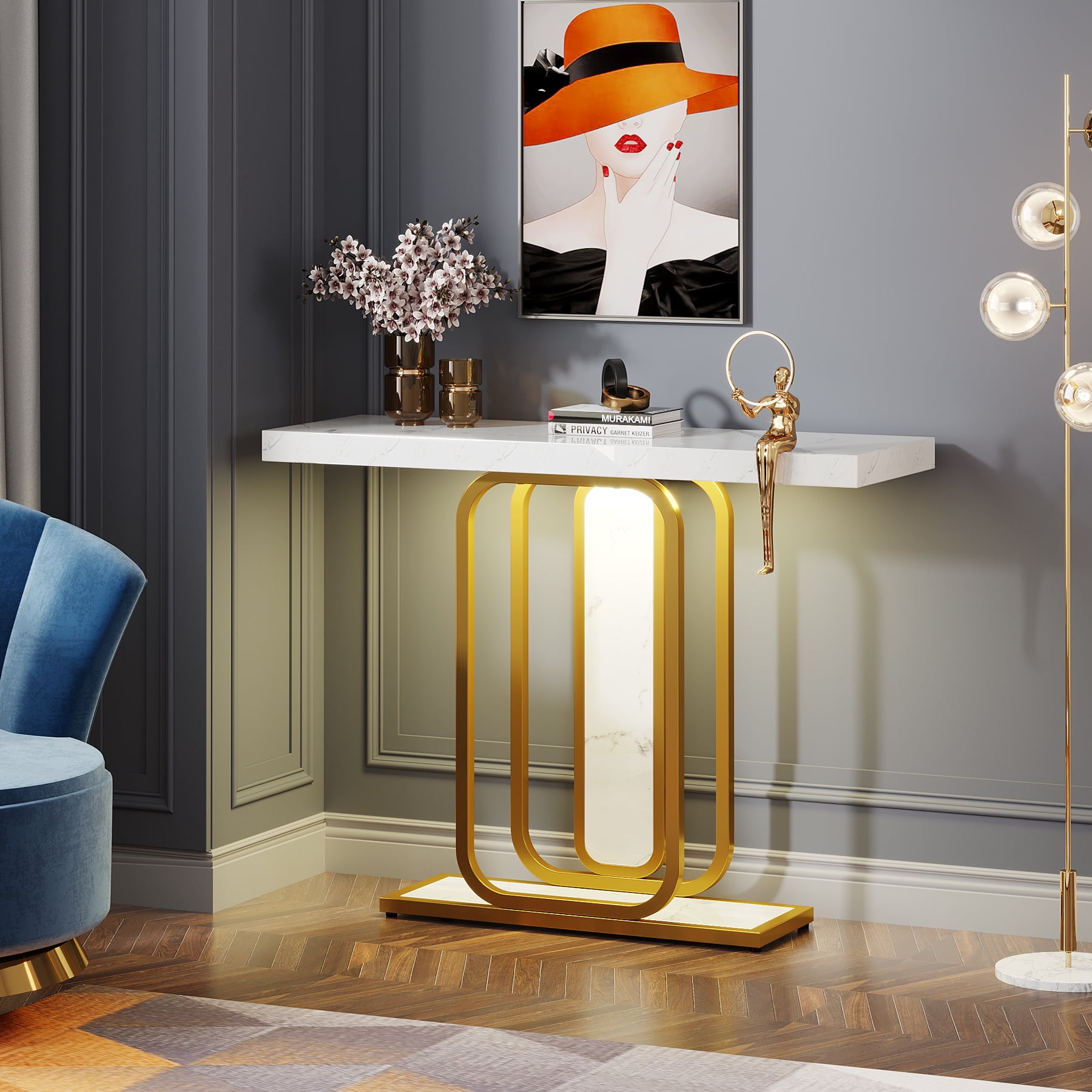 Tribesigns Modern Console Table with LED Lights, 41.3 inch Sofa Entryway Tables with Faux Marble Veneer for Living Room, Hallway and Foyer, White & Gold