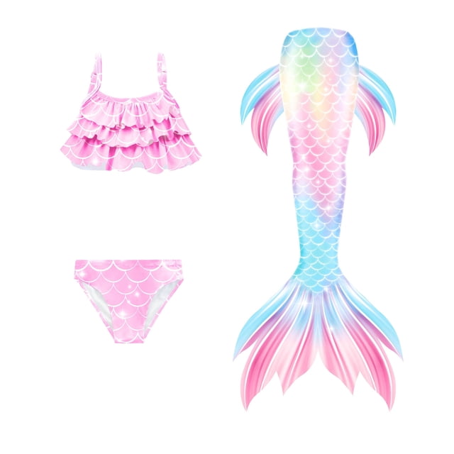 Hiiyo Maillot de Bain 3 Pcs pour Filles Bikini à Volants Ensemble Queue de Poisson Performance, Tailles 4-13