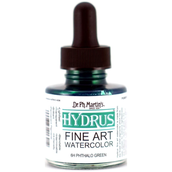 Dr. Ph. Martin's® Hydrus Fine Art Watercolor (6H) Watercolor Bottle, 1.0 US fl oz, Phthalo Green, 1 Bottle