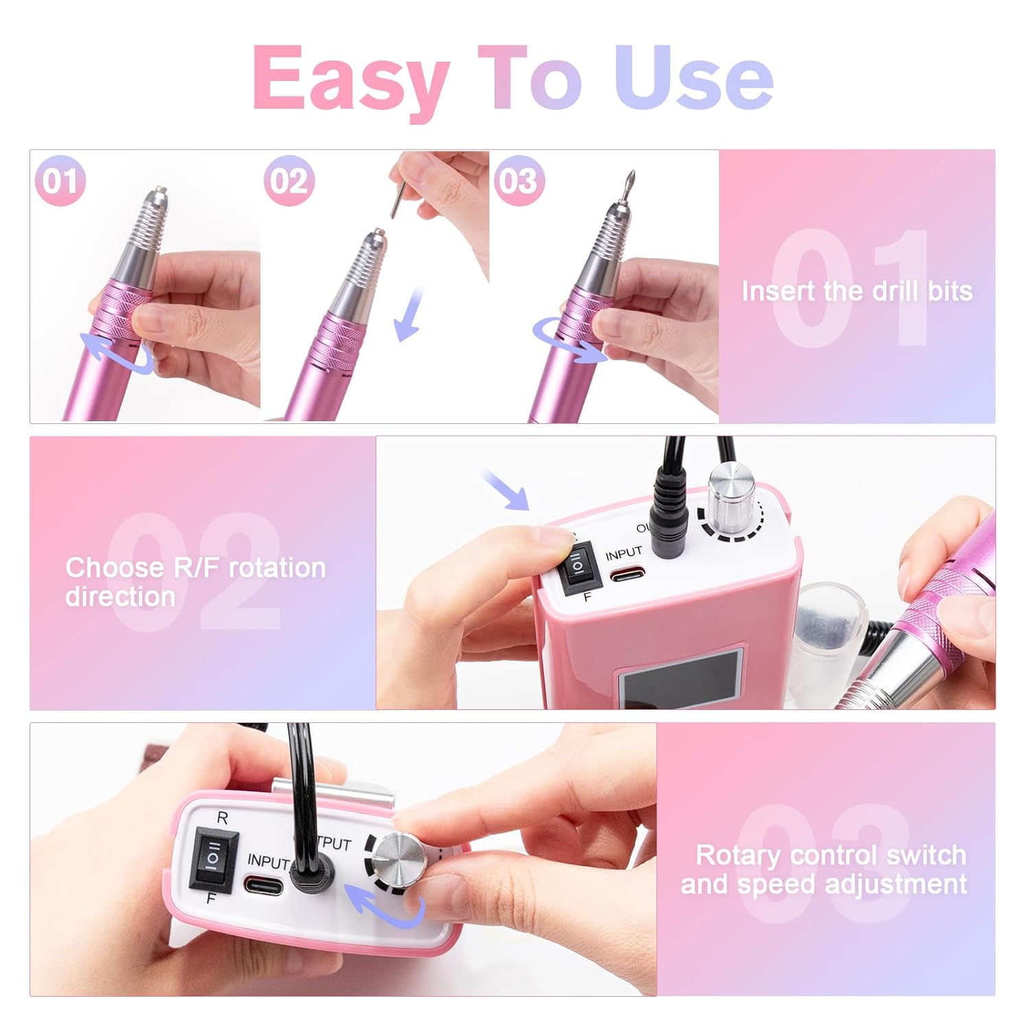 Cordless nail drill 45000RPM portable electric nail file with 11 acrylic and impregnated nail drills with monitor electric nail machine (pink)