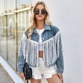 thumbnail image 5 of Women Cropped Denim Jacket Fringe Oversized Long Sleeve Womens Jean Shacket Coat with Tassel Fall Outwear Blue XL, 5 of 9