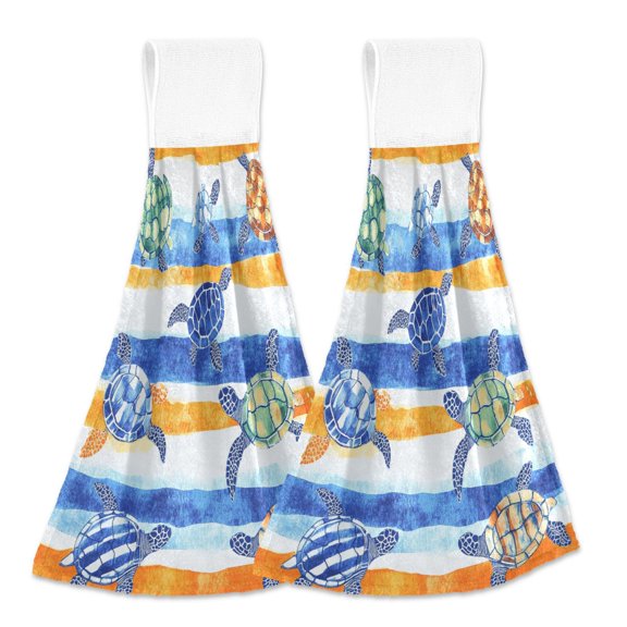 BZSMCE Hanging Hand Towels Fashion Turtle Parade Pattern 2-Pack - Velcro Style Bathroom Kitchen Towels