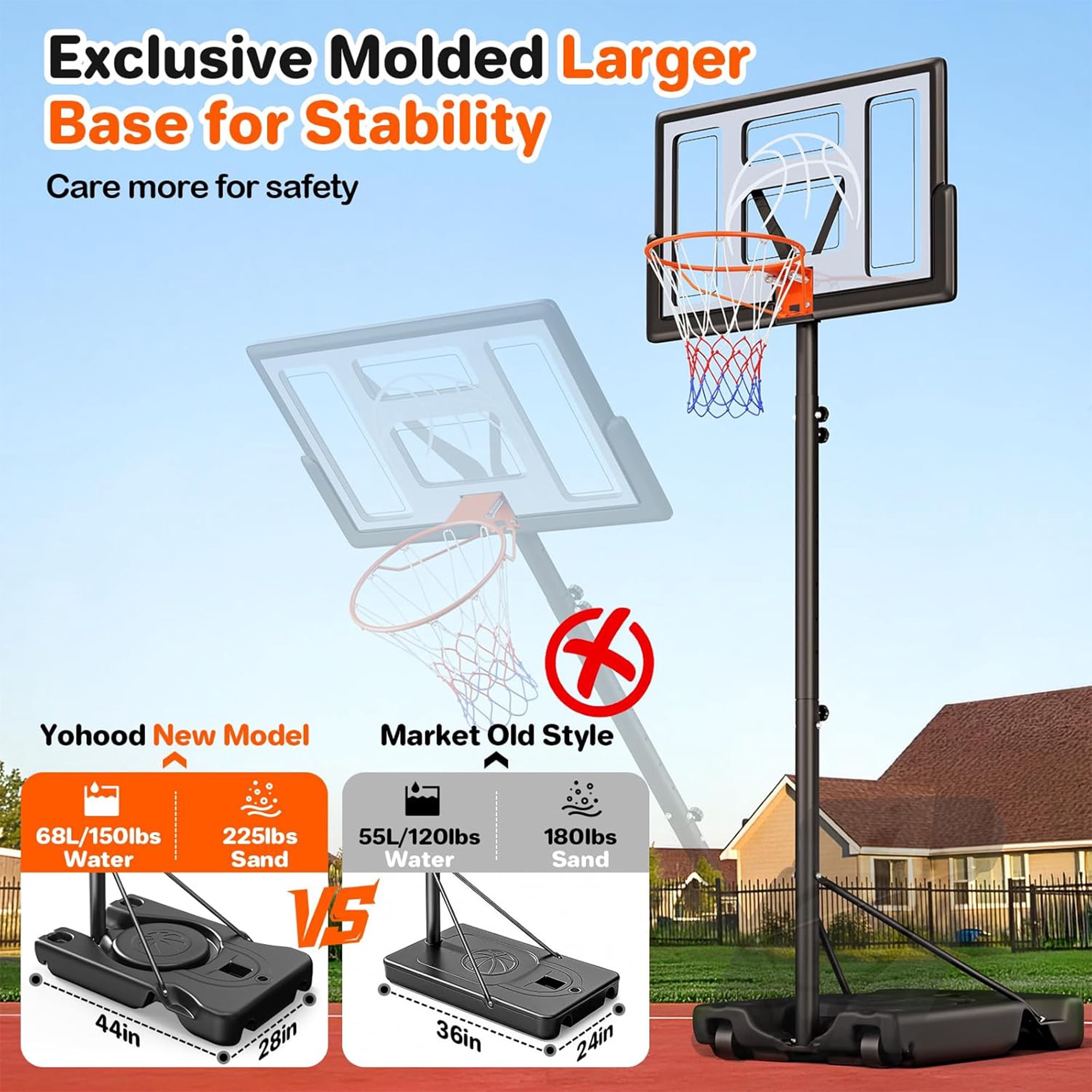 Toremore 44" Basketball Hoop Outdoor 4.43-10ft Adjustable, Portable Basketball Hoop Goal System with Shatterproof Backboard and Larger Base for Kids Youth and Adults