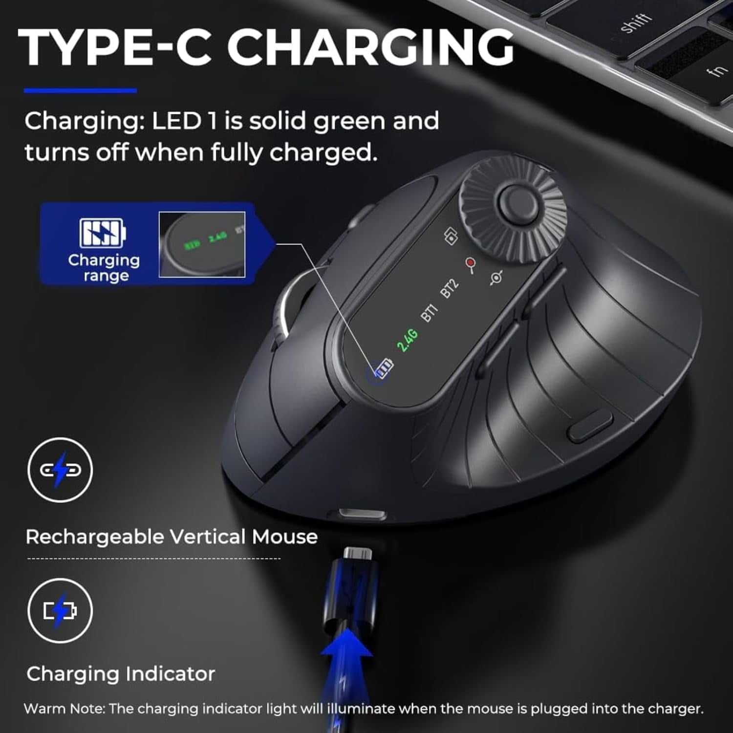Ergonomic Triple-Connect Wireless Mouse, Vertical Ergonomic Mouse with 4 Adjustable DPI, Bluetooth Rechargeable Wireless Vertical Mouse,Tri-Mode, Screen Display, Multi-Knob, Type-C Charging (Purple)