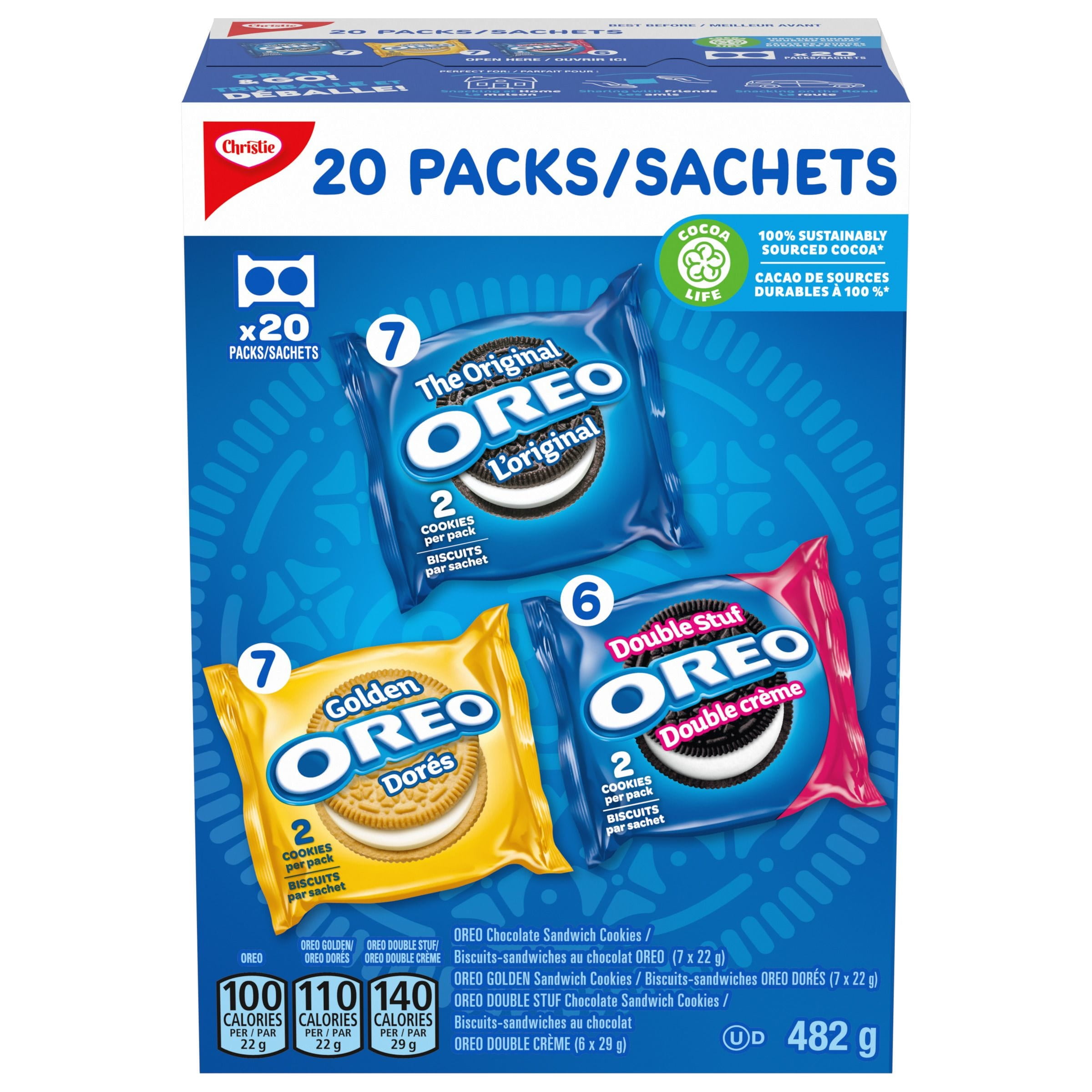 OREO, 20 Snack Packs (Individually Wrapped), 40 Cookies, School, Lunch, Birthday Party, Bulk Variety Pack of OREOs Original Chocolate & Double Stuf & Golden Vanilla Sandwich Cookies, 482 g