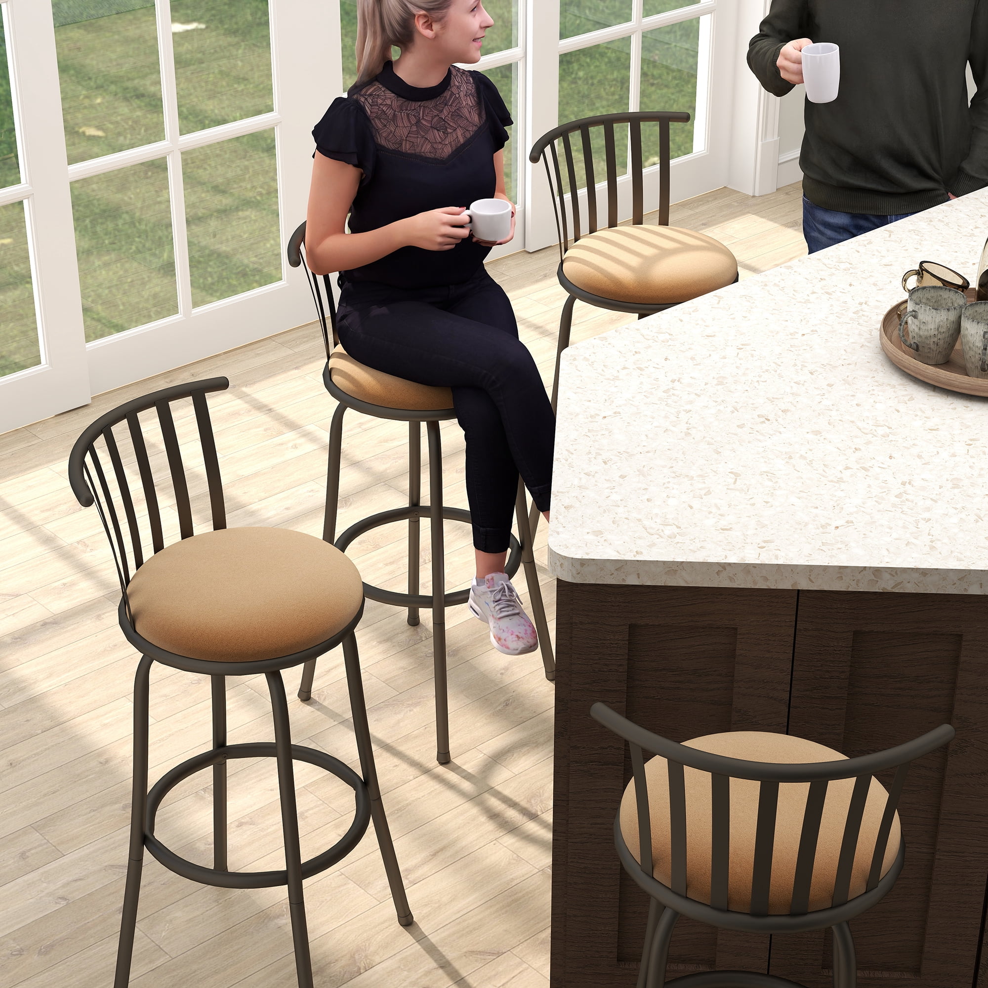 Homy Casa Swivel Bar Stools Set of 3, 24 inch Counter Height Stools for Home Kitchen Island, Brown