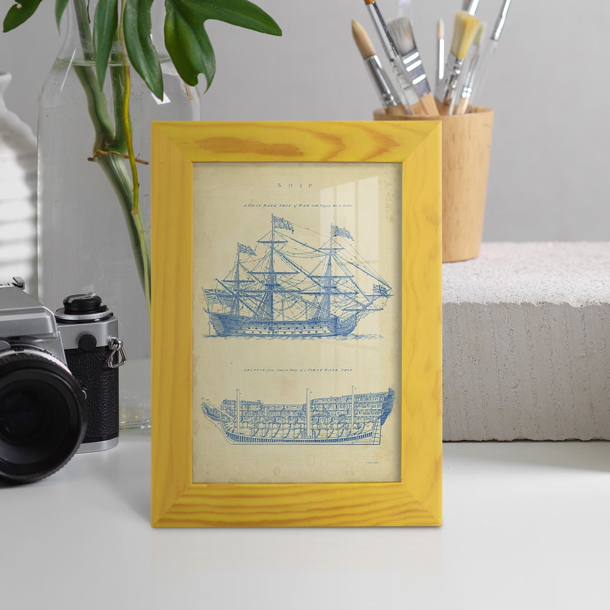 Vintage Ship Blueprint -Framed Print w/glass-Sunflower Yellow