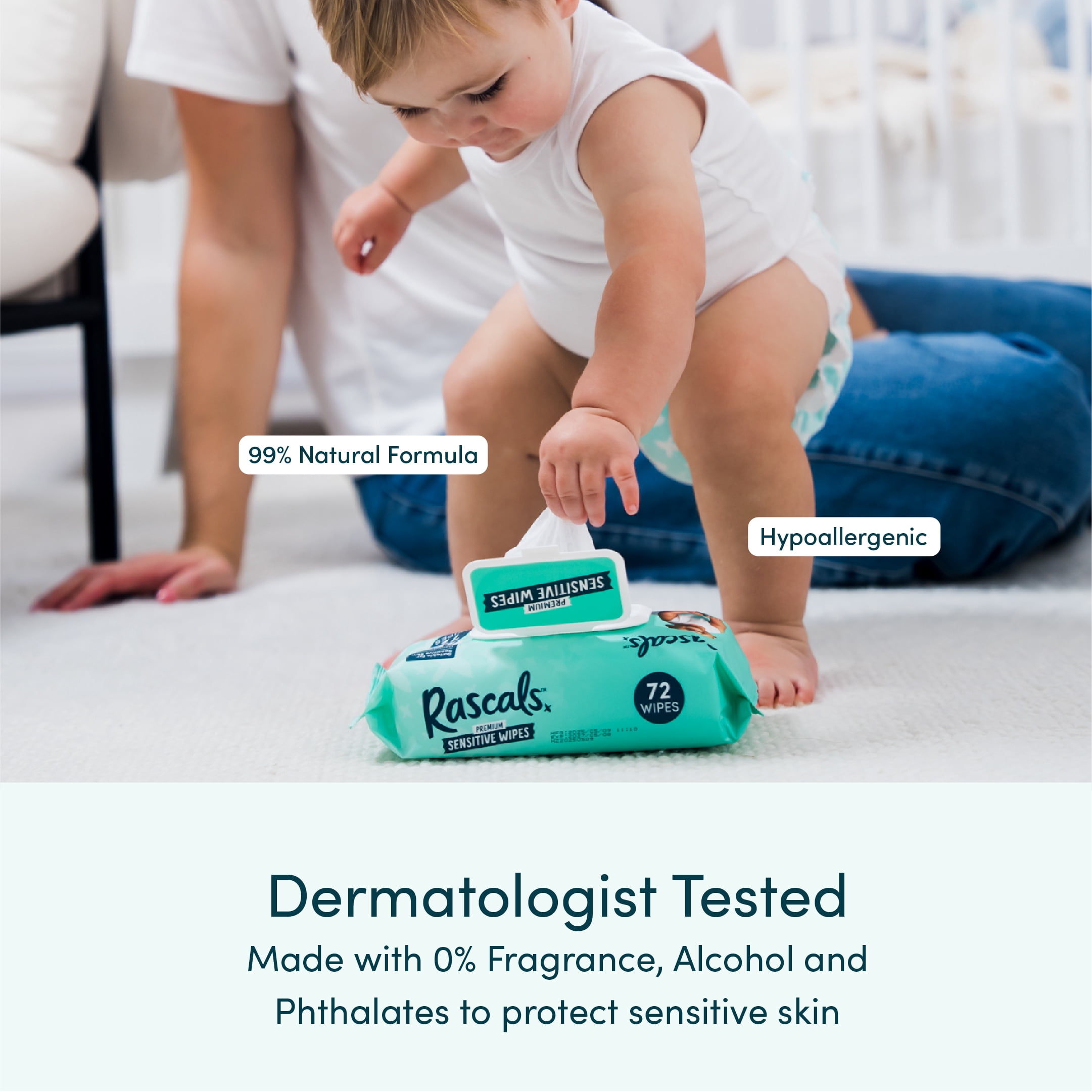 Rascals Premium Sensitive Alcohol Free Baby Wipes, 72 Count