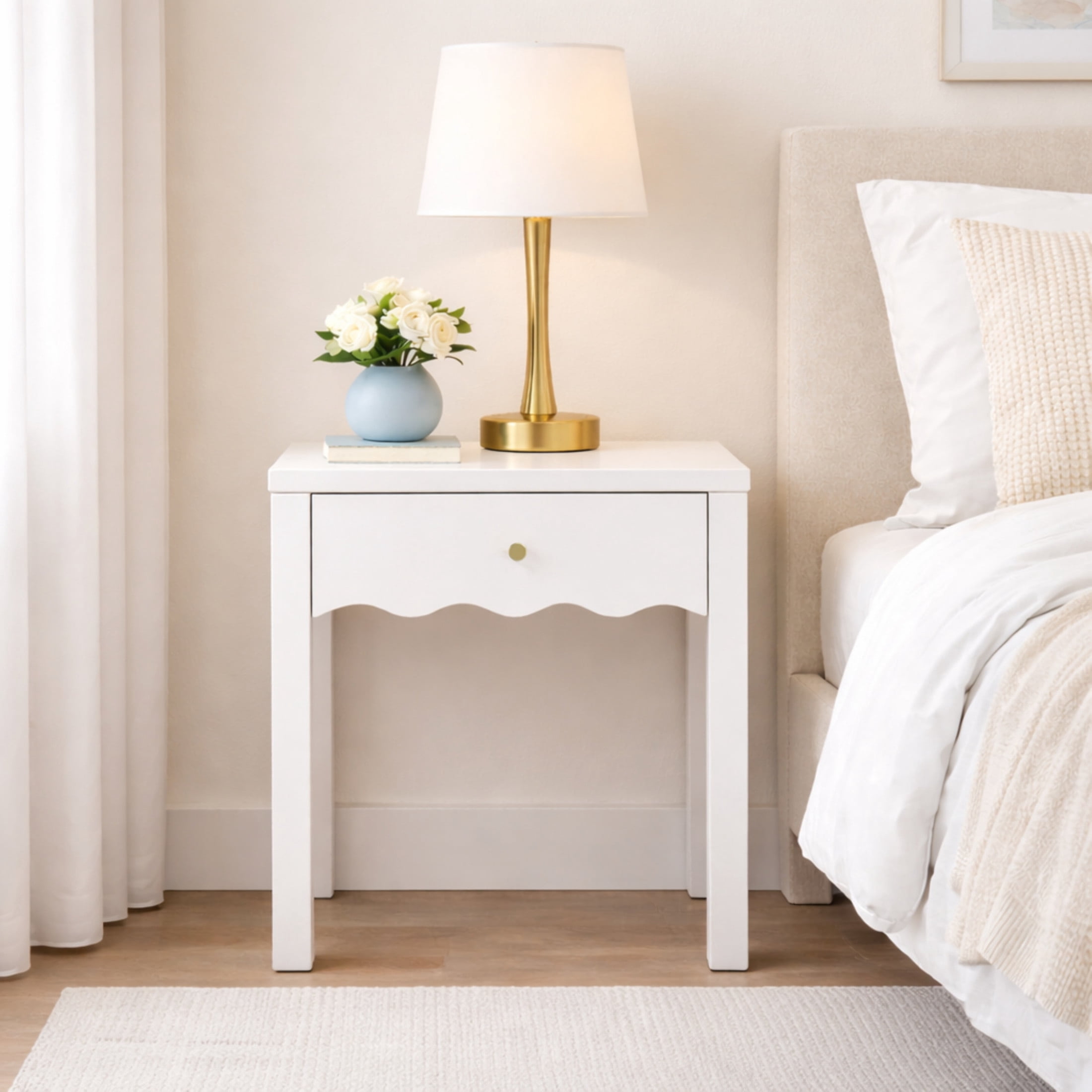 Noble House Nightstand with Drawer, Modern Bedside Table with Wavy Apron Design, Compact End Table, White