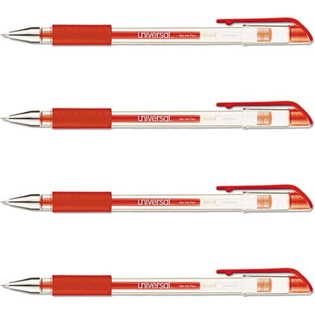 Gel Grip Roller Ball Pen (4 Pack) Universal Comfort Grip Gel Stick Roller Ball Pen, Red Ink, Medium, Dozen -UNV39512 ()