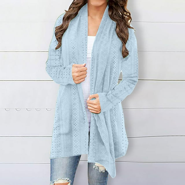 AherBiu Womens Lightweight Cardigan Longer Length Casual Crochet Open-Front Sweater Jacket with Pockets
