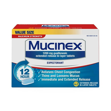 Mucinex Maximum Strength 12 Hour Chest Congestion Expectorant Relief Tablets, 1200 mg, 42 Count, Thins & Loosens Mucus