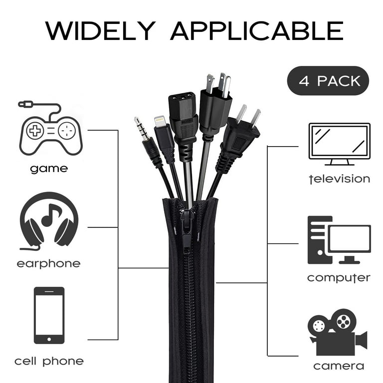 Skycase Cable Sleeves,[4 Pack] Flexible Cable Management  Sleeves,[Waterproof][Buckles Design] 19.5 inch Wire Cover Cord Organizer  System with Zipper for TV,Computer,Office,Home Entertainment,Black 