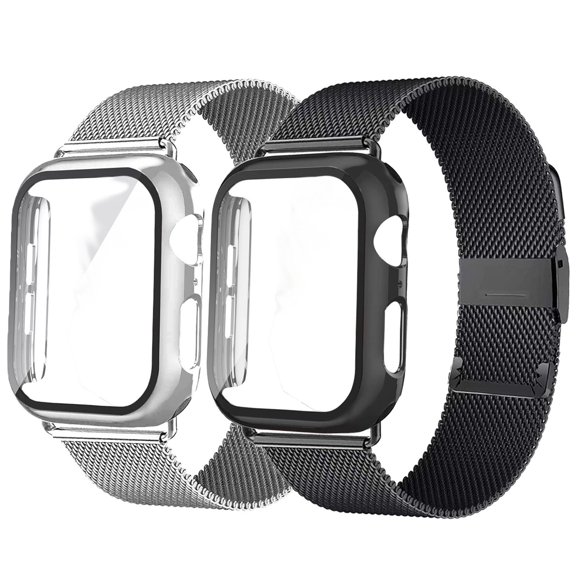 Lot de 2 ALMNVO Bracelet Milanais pour Apple Watch Bracelets avec Boîtier 42 mm, Boucle Milanaise en Maille en Acier Inoxydable avec Étui Protecteur d'Écran en Verre pour Apple Watch Series 3,2,1, Argent/noir