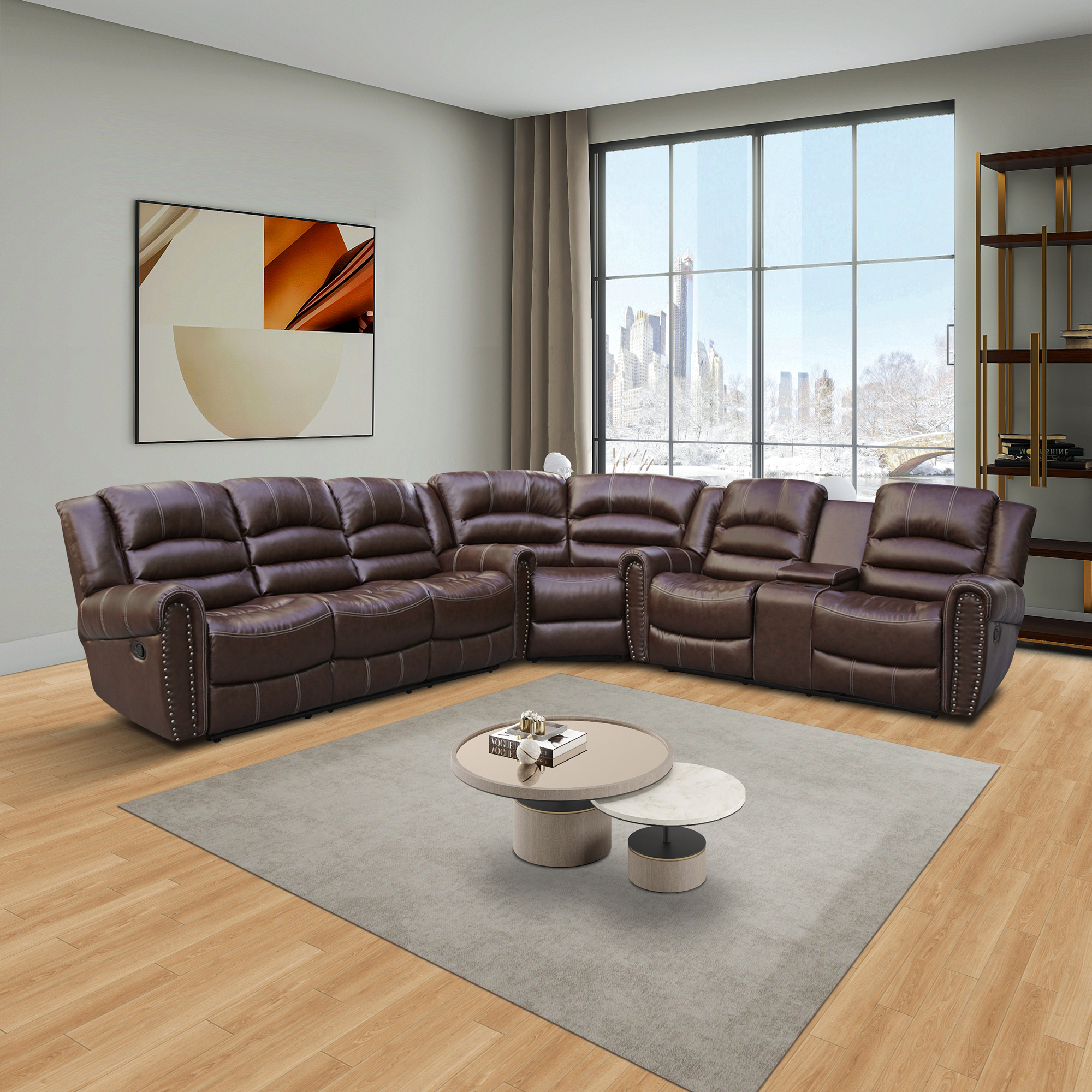 MAYEERTY 6-Seater Recliner Sofa Set - Breathing Leather with Reversible Coffee Table for Living Room & Home Theater