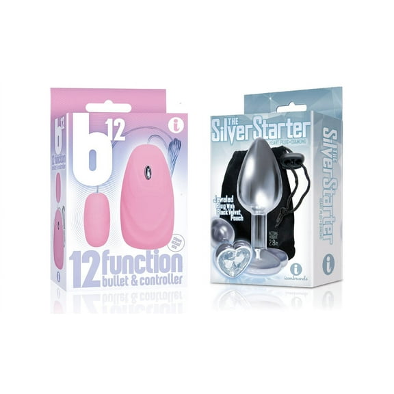 Sexy, Kinky Gift Set Bundle of B12 Bullet, Pink and Icon Brands The Silver Starter, Bejeweled Heart Stainless Steel Plug, Diamond