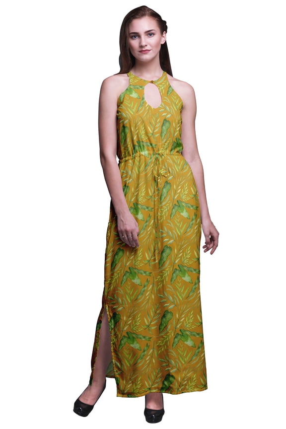 Leaves Ladies Crew Neck Waist String Print Maxi Dress with Side Slits Summer Wear-Large