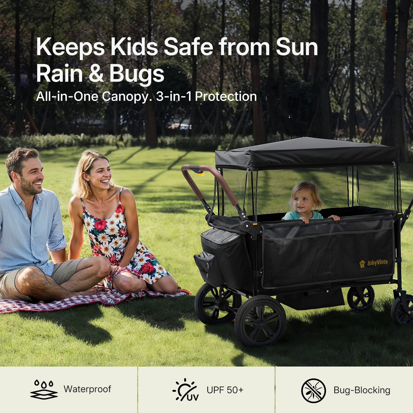 BabyVista Wagon Stroller All-Terrain for 2 Kids with Canopy, Parents Organizer, Adjustable Handlebar, Compact Foldable Baby Stroller Collapsible Toddler Stroller