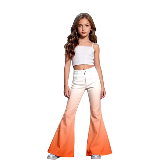lnmuld Girls Gradient Flare Jeans Button Zip High Waist Classic Denim Wide Bell Bottom Casual Trousers Color:Orange,Size:15-16 Years