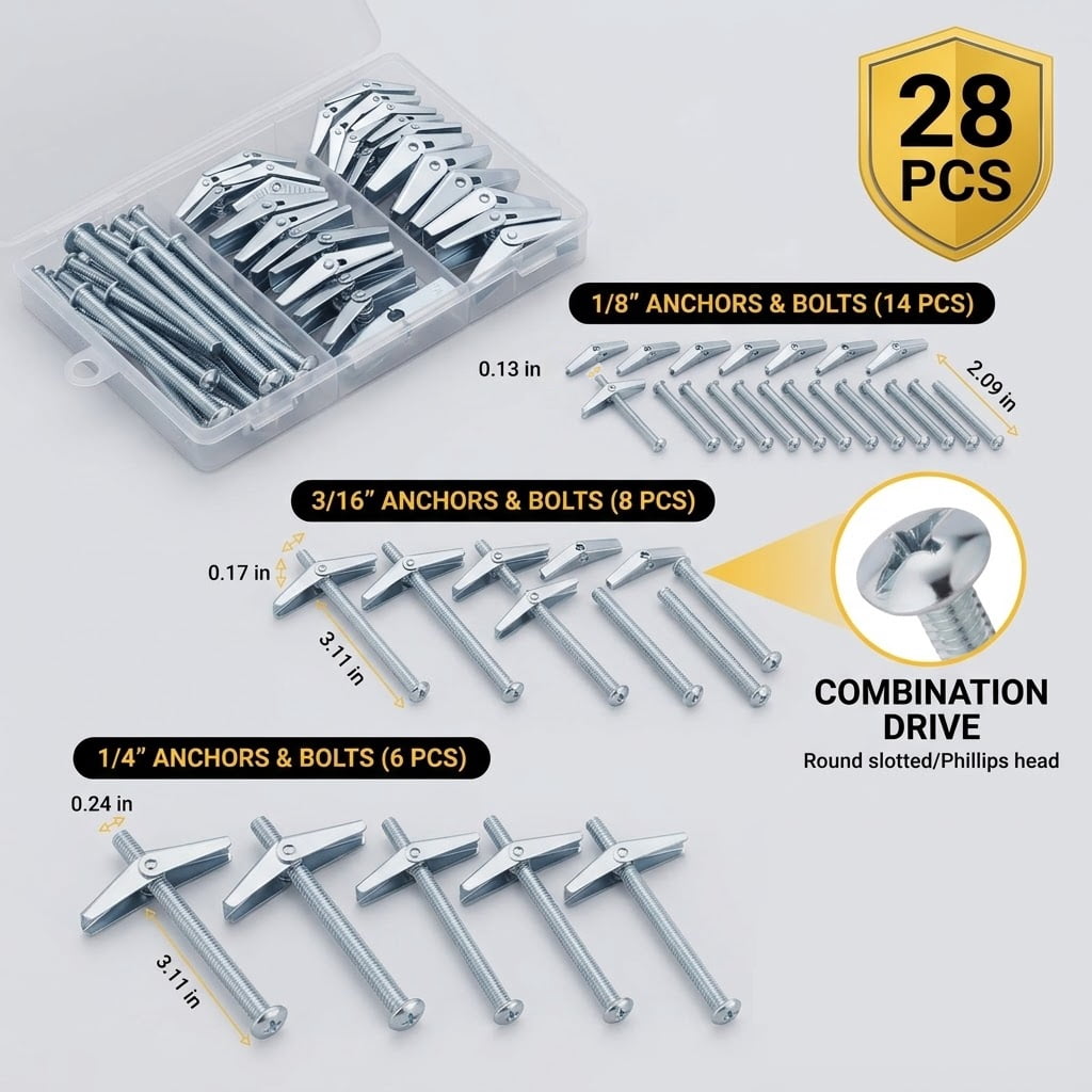 28PCS Heavy Duty Toggle Bolts and Wing Nuts Kit, 3 Sizes (1/4" 3/16" 1/8") Hollow Wall Anchors for Drywall, Plaster & Ceiling, Butterfly Anchors for Hanging TV Mount, Shelves, Heavy Mirrors