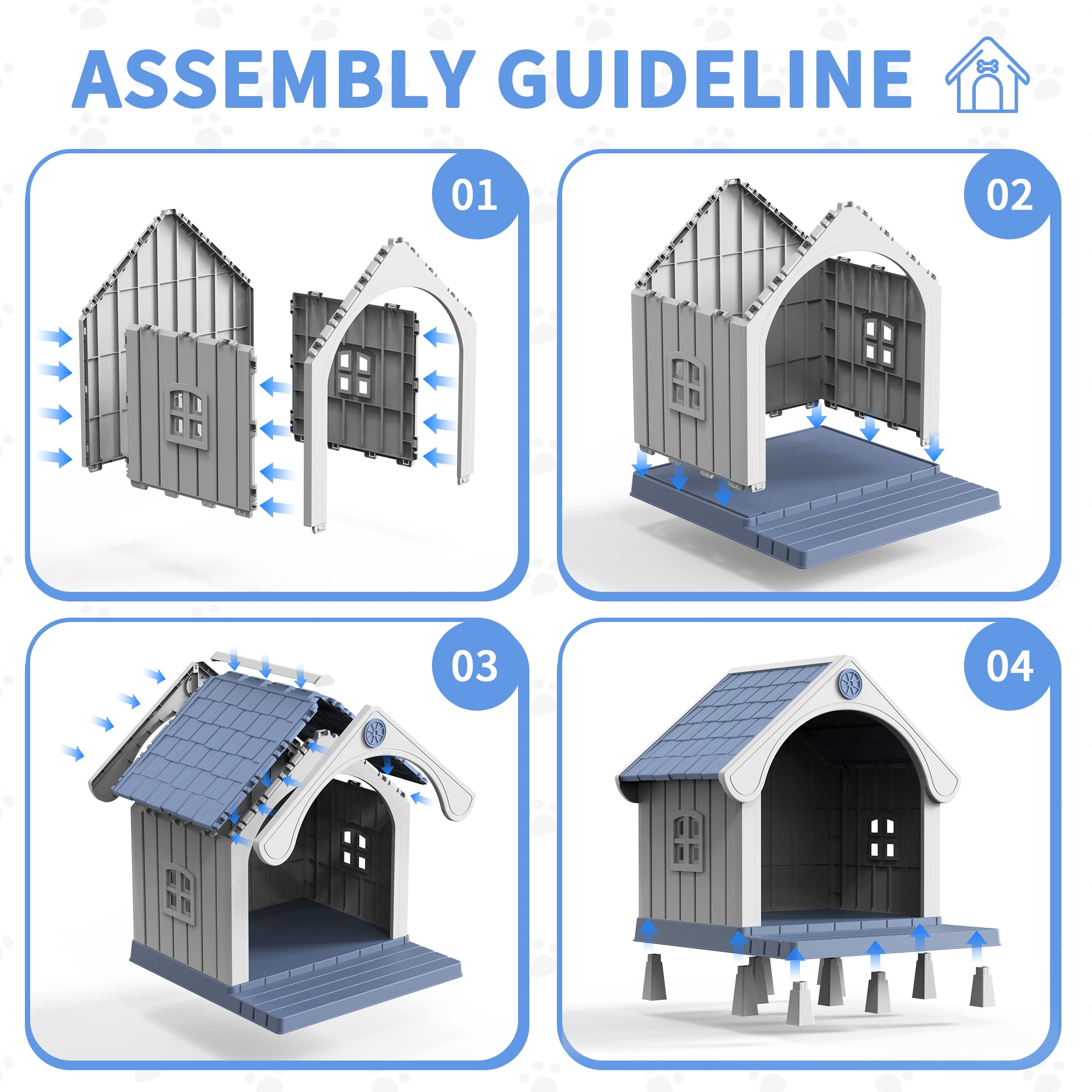 fazzn Elevated Resin Dog House with Porch, Weatherproof Outdoor Pet Shelter for Small to Medium Dogs, Easy Assembly & Durable.Blue,Father's Day Gift
