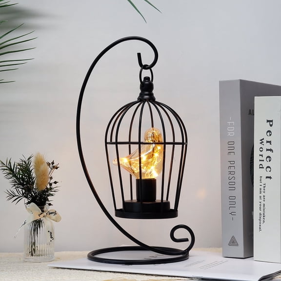 Battery Powered Lamp, Metal Birdcage Antique Lamp with Bird Bulb (Black)