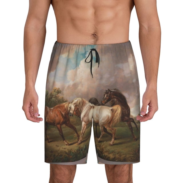 Fotbe Three Horses Oil Painting Pantalones Cortos de Pijama para Hombre, Ropa de Dormir, Pantalones de Pijama Cortos para Hombre-Medium