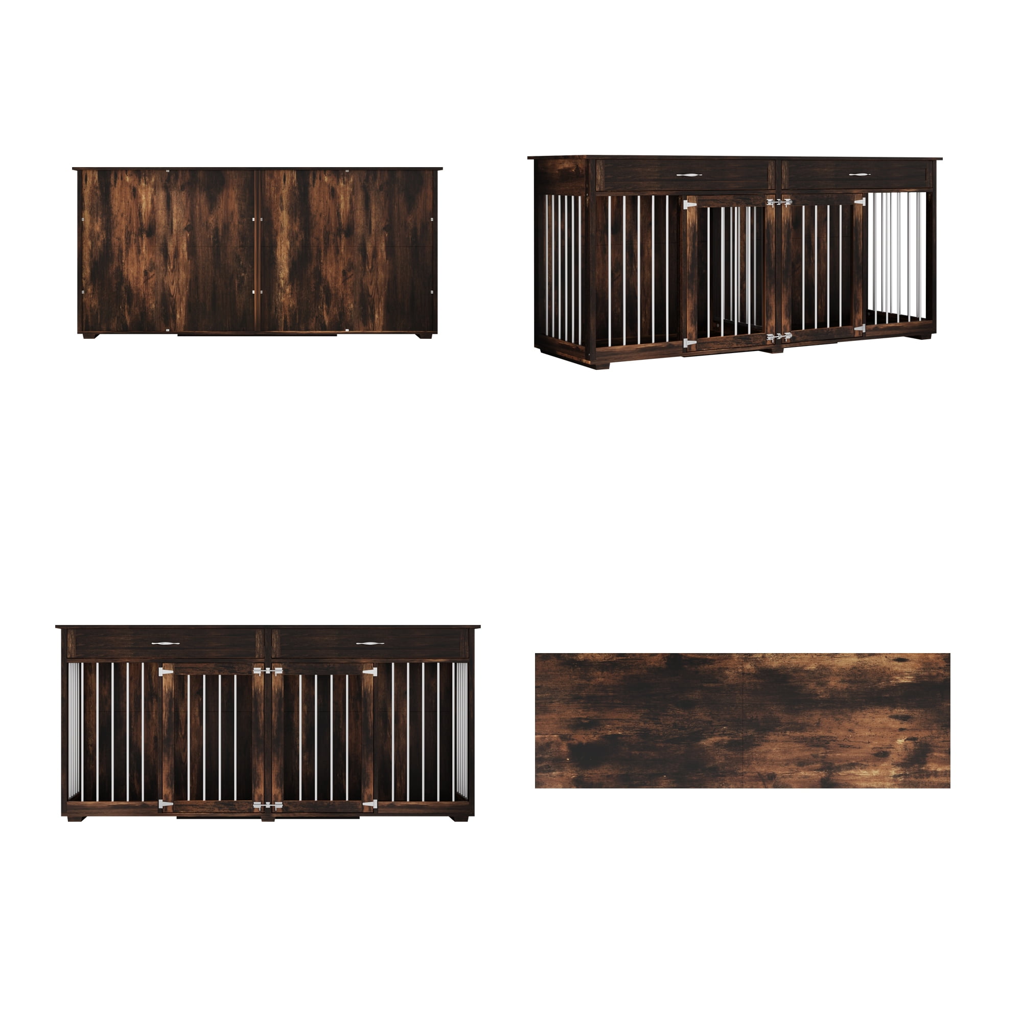 NARTRU 72.4" Large Dog Crate Furniture,Rustic Wooden Dog Kennel TV Stand, Drak Brown
