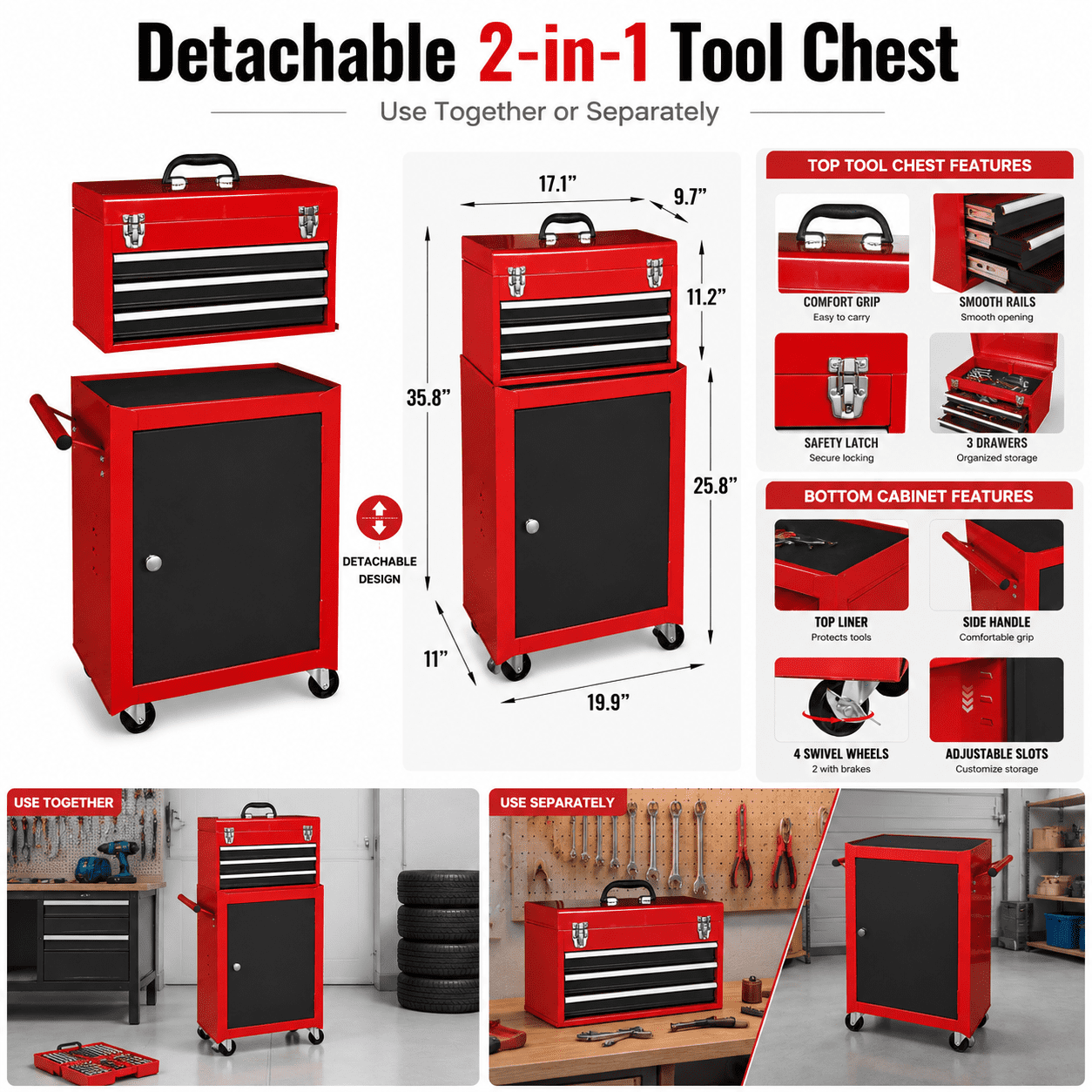 HPDAVV Detachable 3-Drawer Rolling Tool Chest, Red Metal Tool Box and Storage Cabinet with Adjustable Shelf, Locking Drawers, Side Handles and Brake Wheels for Garage Workshop