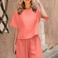 thumbnail image 2 of Olyvenn Women's Linen Shirts Plus Size Short Sleeve Cotton Blouses Casual Loose Crew Neck Solid Boxy Tunics Top Pink 10, 2 of 6