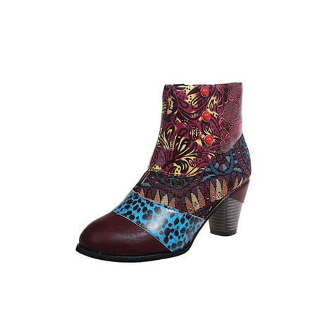 

Ritualay Ladies High Heels Bootie Ethnic Print Ankle Boots Chunky Short Boot Slip Resistant Fashion Booties Casual Party Pointy Toe Winter Shoes Purple 5