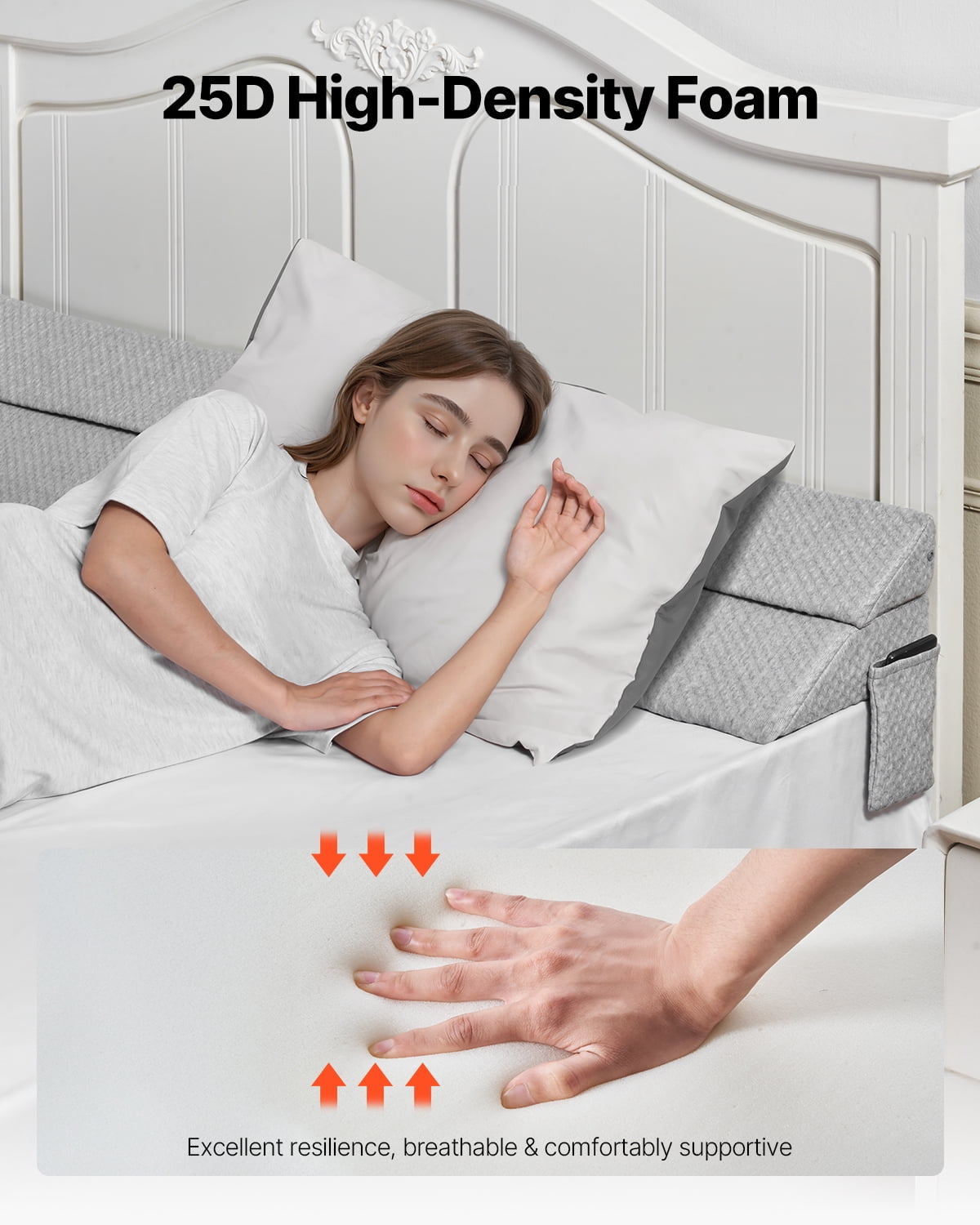 VEVOR Bed Wedge Pillow for Headboard, Queen Size, 60"x10"x6" Bed Gap Filler, Fill 0-7" Gap Between Headboard and Mattress,25D Foam Mattress Wedge Headboard Pillow with Side Pocket,for Backrest,Gray