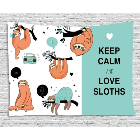 Animal Decor Tapestry, Lazy Sleepy Bear Tribe of Australian Sloths with 'Keep Calm' Quote Cartoon, Wall Hanging for Bedroom Living Room Dorm Decor, 60W X 40L Inches, Multicolor, by