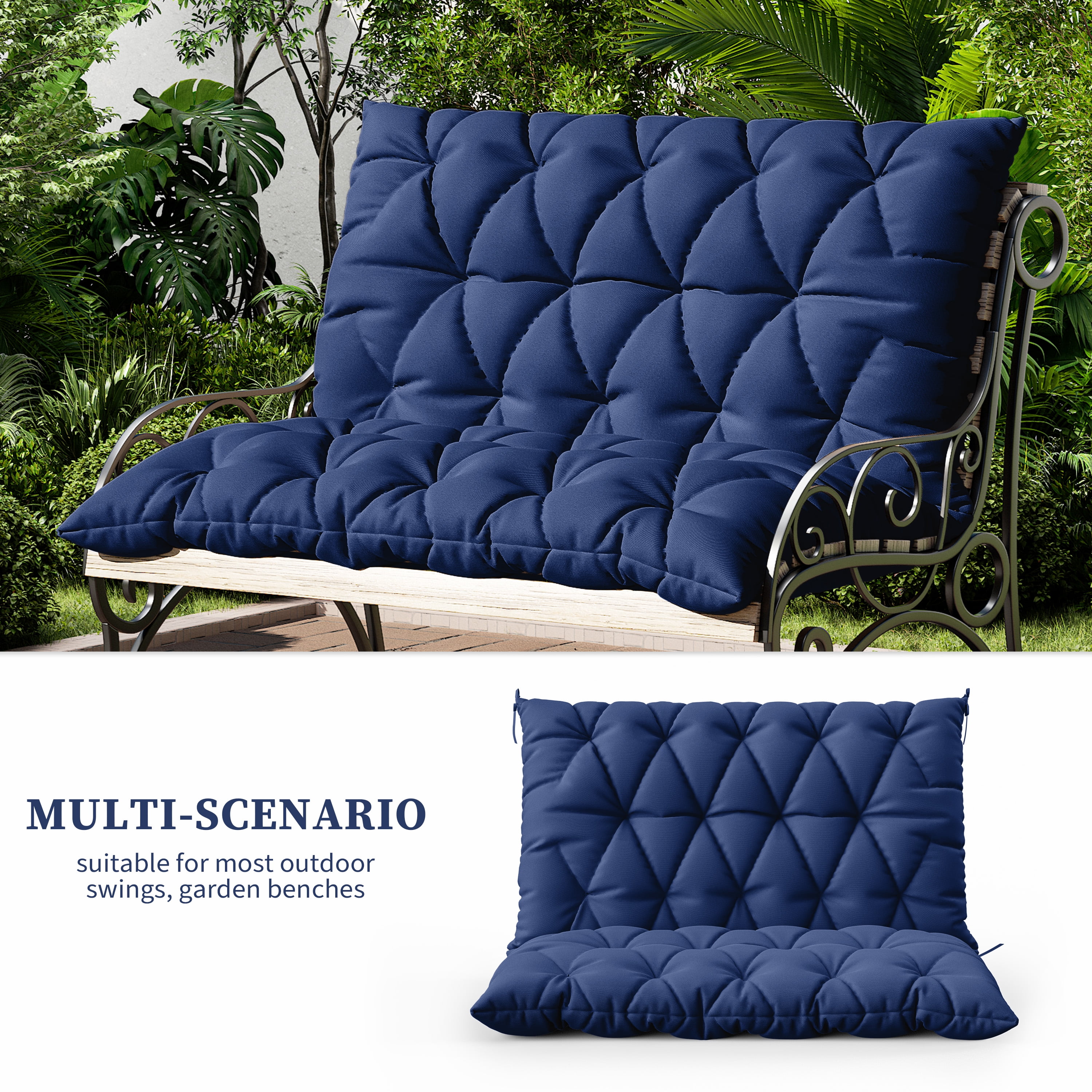 Snubbull Swing Replacement Cushion, Outside Bench Cushion with Backrest, 1-2 Seater Cushion with 6 Ties for Outdoor Furniture, 47 x 40 x 5 Inches Porch SwingCushion Garden Bench, Blue