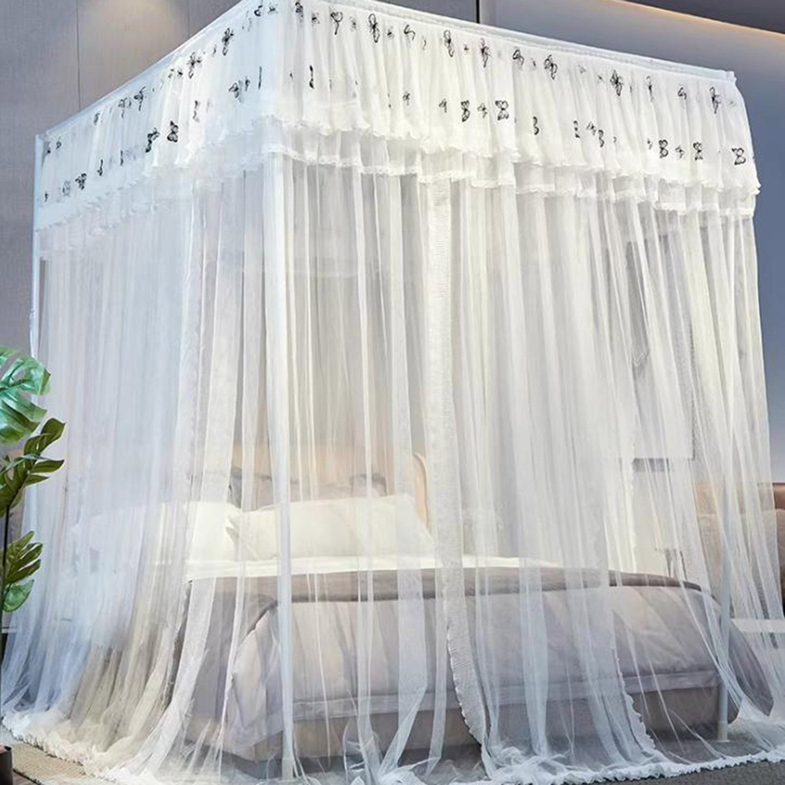 Canopy Bed Curtains, Three-Opening Floor-Length Canopy Bed Drapes, 4 Corner Post Hanging Curtains for Bedroom Decoration