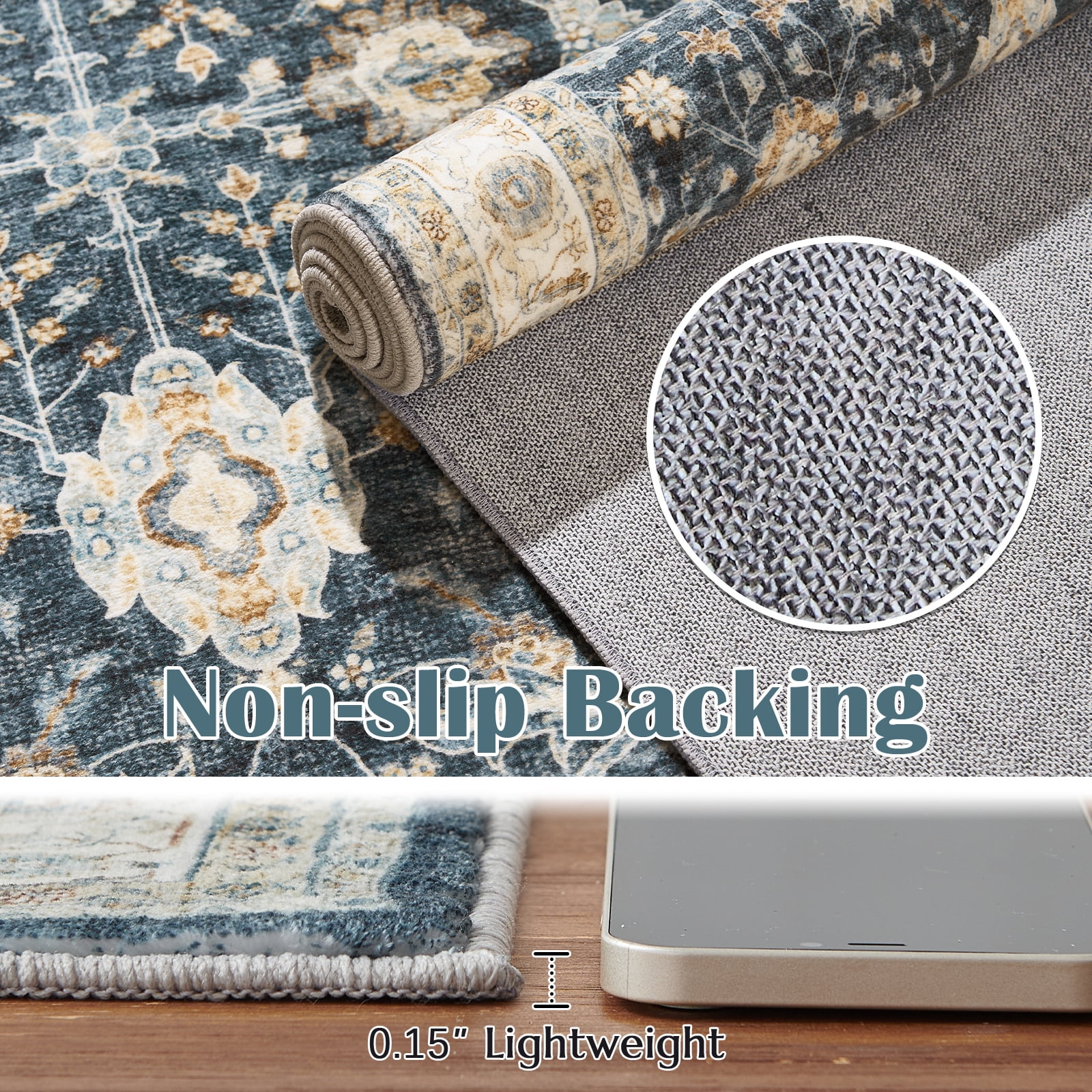RUGKING Thin Vintage Large Area Rug Washable Rug 8'x10' Area Rugs for Bedroom Non Slip Backing Rug, Blue