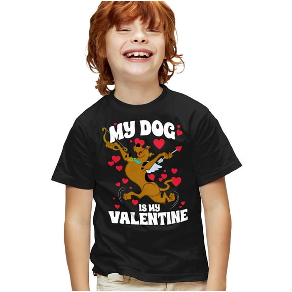 Scooby-Doo My Dog is My Valentine Kids T Shirt for Youth Boys and Girls, Black, Large