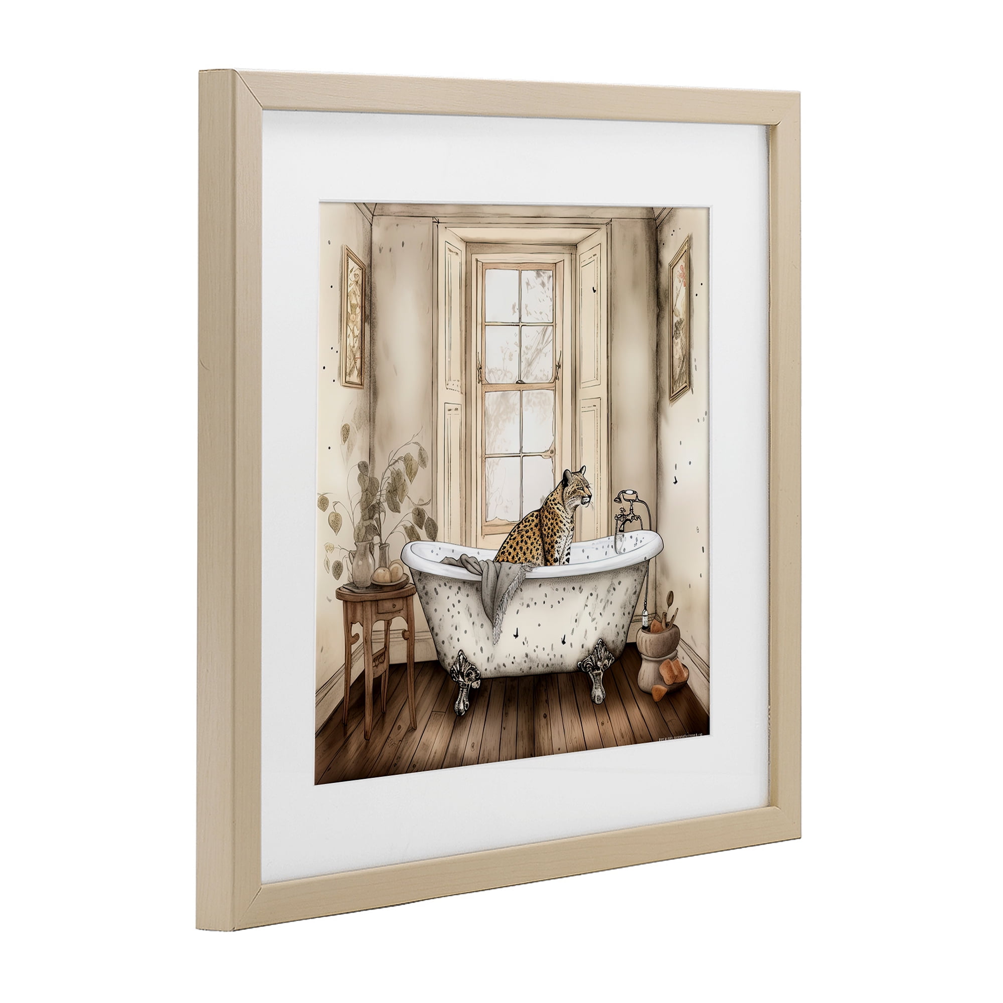 Neutral Leopard Bathtime Birch Framed Print Under Glass, design by Sasha